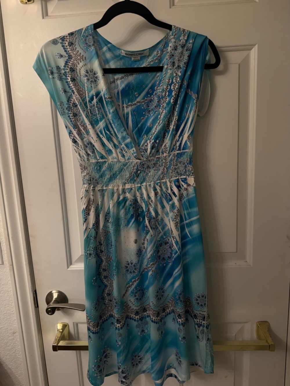Boho Chic Teal and White Patterned Midi Dress